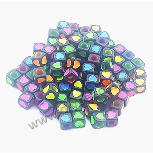 Bead ,acrylic,black with colorful heart,7x7mm,cube, Sold per pkg of 1000ps