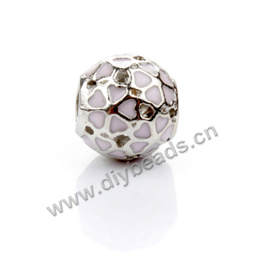 alloy Bead,silver plated,10.5x10mm barrel,pink color,min heart,5mm hole,Sold per pkg of 50 pieces.
