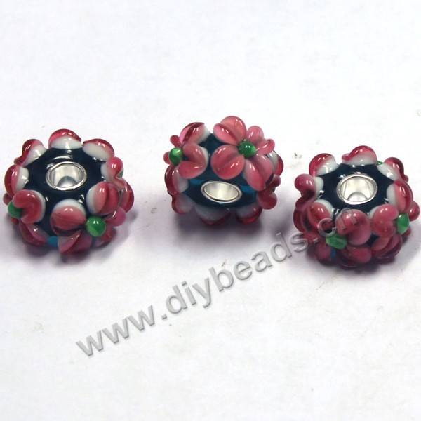 Bead,big-hole beads ,lampworked glass with silver-finished brass,16x10m rondelle,red,mini order 50pcs