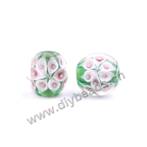 Bead, lampworked glass,green with flower, 16x16mm round.mini order 50pc 