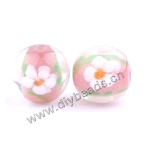 Bead, lampworked glass,pink with flower, 16x16mm round.mini order 50pc 