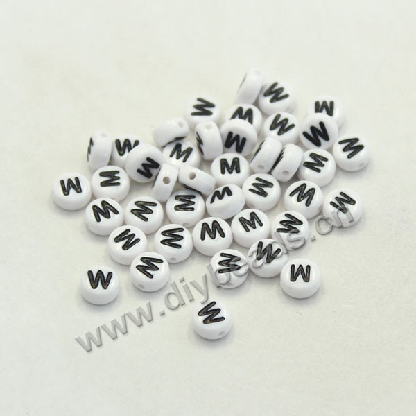 Bead mix, acrylic, white with black alphabet W, 7x4mm double-sided flat round with 1.2mm drill hole. Sold per pkg of 100ps