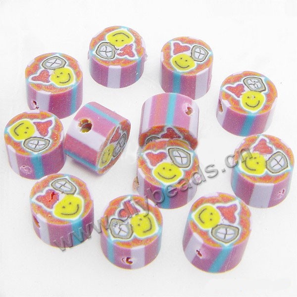 Bead, polymer clay, purple/yellow, 6x4mm double-sided flat round with smile face. Sold per pkg of 24.