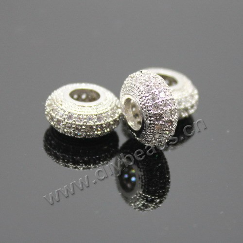 Bead,big-hole beads,silver plated copper,12x6mm rondelle with cz stone,Sold per pkg of 5ps