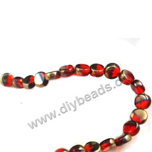 Bead ,copper-plated glass, red, 8mm flat round. Sold per pkg of ten 29cm strand.