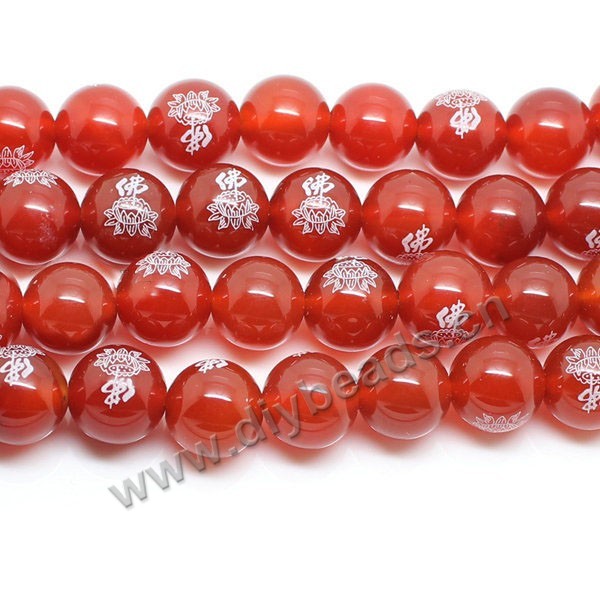 Bead,red agate (heated/dyed) ,14mm round with lotus for buddhist prayer . Sold per 15-inch strand.