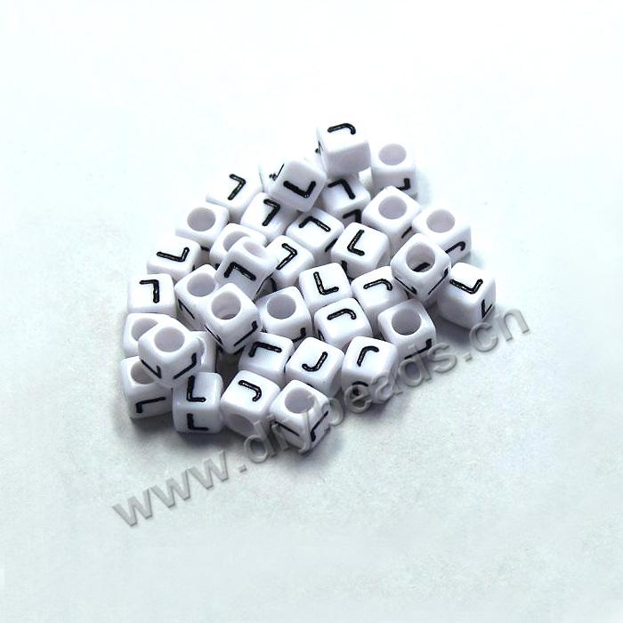 Bead, acrylic,White,alphabet is L, 6x6mm cube with 3.5mm drill hole. Sold per pkg of 100ps