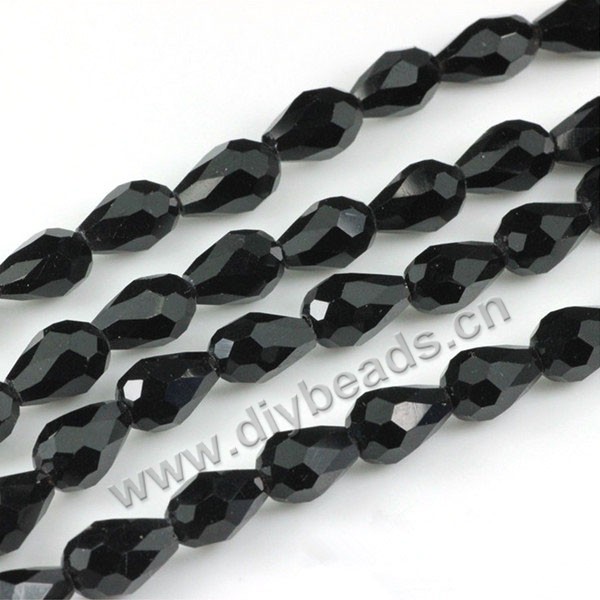 Bead, glass, black, 8*12mm faceted teardrop, diy beads. Sold per pkg of 5 strands-(60pcs/strand).