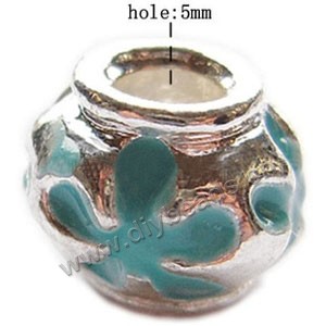Bead, big-hole beads,silver-plated pewter and enameled , green, 10.5x13.5mm drum with flower, 5mm hole. Sold per pkg of 10ps
