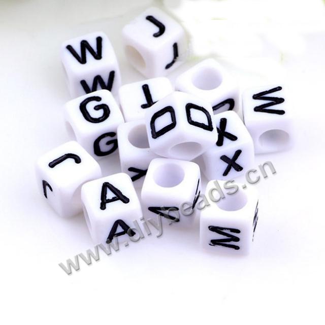 Acrylic Letter Beads, 12mm cube, white beads with black letter. Sold per pkg of 5 bags