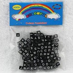 Bead, acrylic,black with white alphabet, 6x6mm cube with 4mm drill hole. Sold per pkg of 100