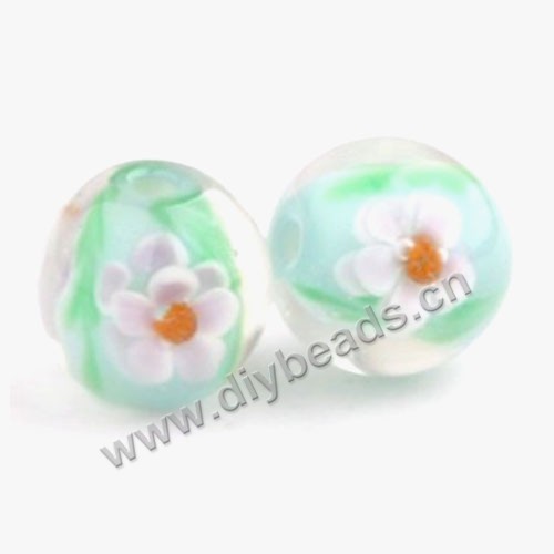 Bead, lampworked glass,green with flower, 16x16mm round.mini order 50pc 