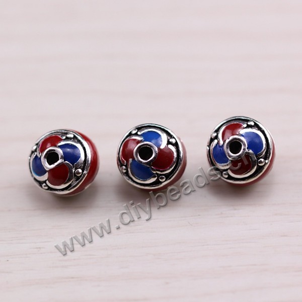 Enamel Bead, 925 Thai silver, 9*7mm, 2mm hole, multicolored, Sold per pkg of 1 bag-(3 pieces).