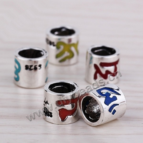 Enamel Bead, 925 Thai silver, om mani padme hum, round tube, 7mm, 5mm hole, multicolored, Sold per pkg of 1 bag-(5 pieces).