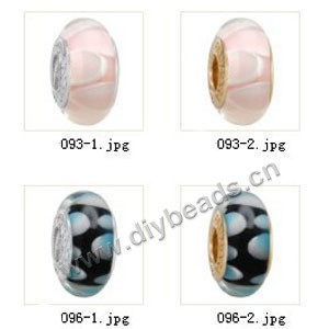 Bead,big-hole beads ,lampworked glass with silver-finished brass grommets,mixed colors and designs,6x12mm-8x14mm rondelle ,4mm spiral hole,sold per pkg of 4ps