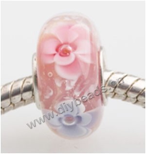 Bead, big-hole beads,Lampworked glass and 925 sterling silver grommet,green with flower, 14x7mm rondelle with 4.5 mm hole,sold per pkg of 50ps