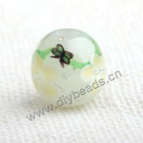 Bead,Japan lampworked glass,white with flower, 12x12mm round.mini order 100pc 