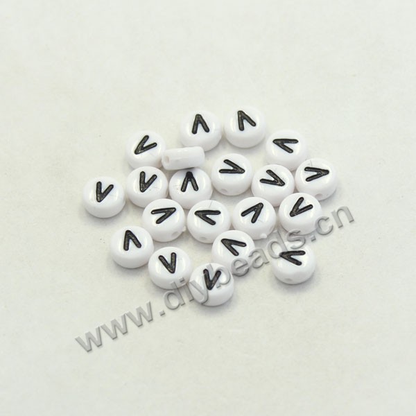 Bead mix, acrylic, white with black alphabet V, 7x4mm double-sided flat round with 1.2mm drill hole. Sold per pkg of 100ps