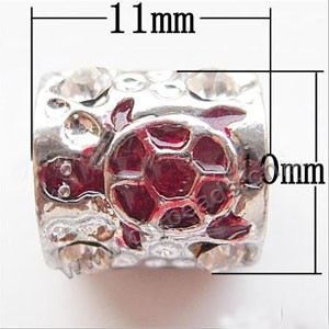 Bead, big-hole beads,silver-plated pewter and enameled , red, 11x10mm round tube with tortoise and rhinestone, 6mm hole. Sold per pkg of 10ps