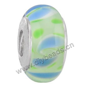 Bead,big-hole beads ,lampworked glass with silver-finished brass grommets,light green/blue,6x12mm-8x14mm rondelle with swirls,4mm spiral hole,sold per pkg of 10ps