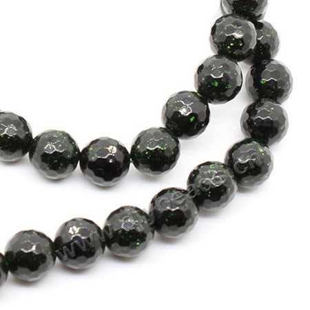 Bead, synthetic green goldstone, 10mm faceted round. Sold per 1 bag-(2 strands)