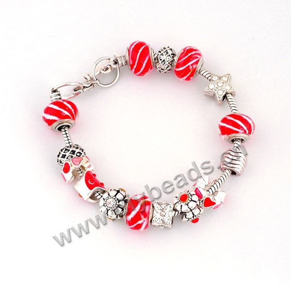 Bracelet,alloy and lampwork glass,red ,large hole beads,Sold per package of 1 piece