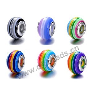 Bead mixed, big-hole Resin beads with silver-finished brass grommets,multicolored, 14x10mm rondelle with 5mm hole.6 styles to option.Sold per pkg of 500.