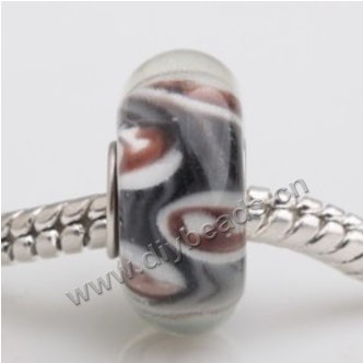 Bead, big-hole beads,Lampworked glass and silver-plated brass grommet,black with flower,14x7mm rondelle with 4.5 mm hole,sold per pkg of 50ps