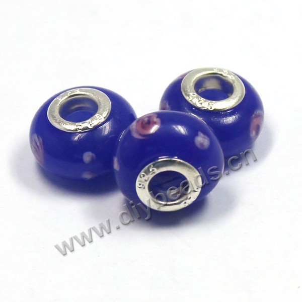Bead,big-hole beads ,lampworked glass with silver-finished brass,14x9m rondelle ,blue mini order 200pcs