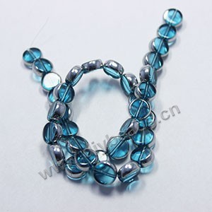 Bead ,silver-plated glass, turquoise blue, 10mm flat round. Sold per pkg of ten 32cm strand.