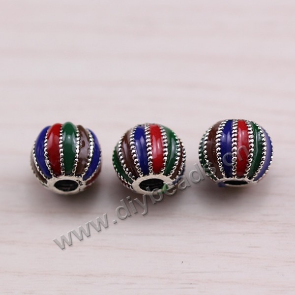 Enamel Bead, 925 Thai silver, round, 8*7mm, 3mm hole, multicolored, Sold per pkg of 1 bag-5 pieces.