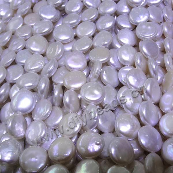 Pearl broque, coin shape pearls cultured freshwater, white, 12--13mm flat round. Sold by strands.