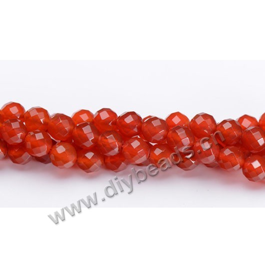 Bead, red agate (dyed), 8mm 64-faceted round, Mohs hardness 6-1/2 to 7. Sold per 15-inch strand.