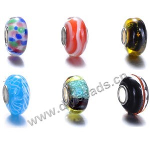Bead mixed, big-hole lampworked glass beads with silver-finished brass grommets,multicolored, 14x8mm rondelle with 5mm hole. 6 styles to option.Sold per pkg of 500.