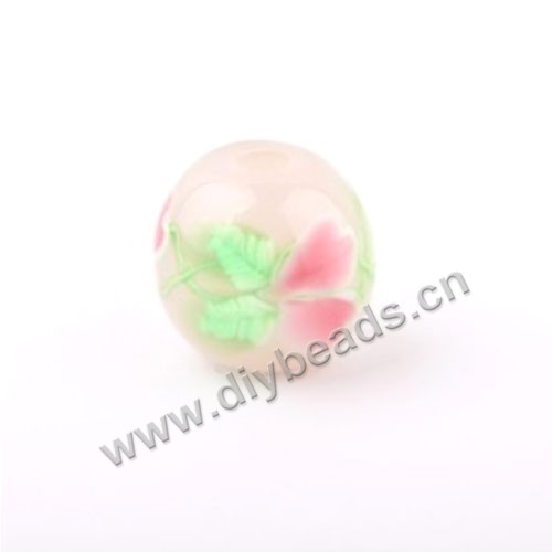 Bead, lampworked glass,white with flower, 14x14mm round.mini order 50pc 