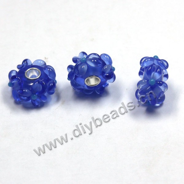 Bead,big-hole beads ,lampworked glass with silver-finished brass,16x10m rondelle,blue,mini order 50pcs