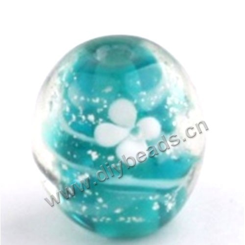 Bead, lampworked glass,blue with flower, 16x16mm round.mini order 50pc 