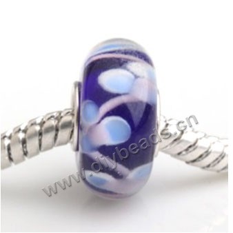 Bead, big-hole beads,Lampworked glass and silver-plated brass grommet,purple with flower,14x7mm rondelle with 4.5 mm hole,sold per pkg of 50ps