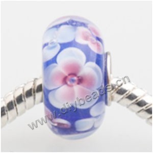 Bead, big-hole beads,Lampworked glass and silver-plated brass grommet,Purple with flower, 14x7mm rondelle with 4.5 mm hole,sold per pkg of 50ps