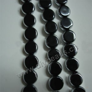 Bead ,silver-plated glass, opaque black, 10mm flat round. Sold per pkg of ten 32cm strand.