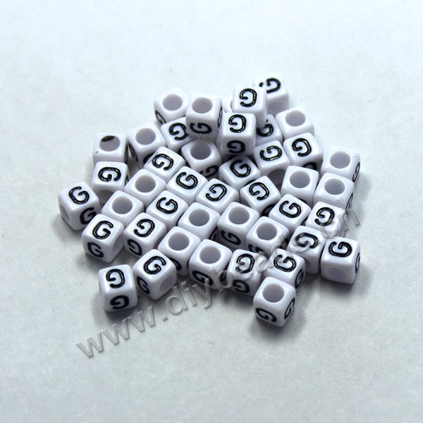 Bead, acrylic,White,alphabet is G, 6x6mm cube with 3.5mm drill hole. Sold per pkg of 100ps