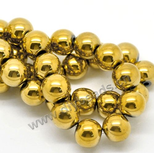hematite Bead,gold plated,8mm round. Sold per 5strands