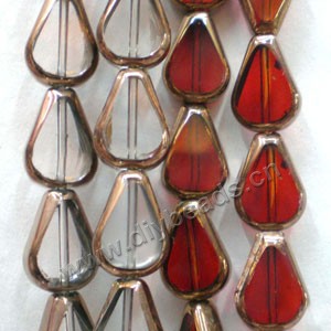 Bead, copper-plated glass, red/clear, 11x8mm flat teardrop. Sold per pkg of ten 13-inch strand.
