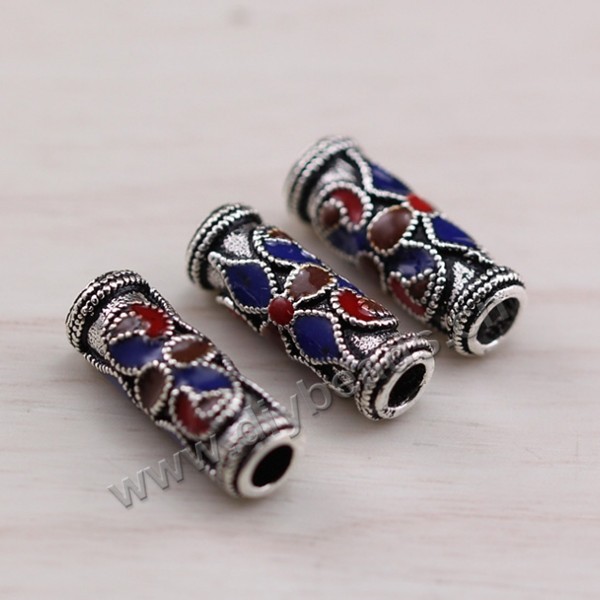 Enamel Bead, 925 Thai silver, round tube, 5*10mm, 2mm hole, multicolored, Sold per pkg of 1 bag-5 pieces.