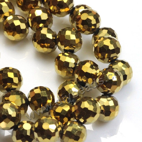 Bead, plated glass, gold, 8mm 128 faceted round, side hole, sold per pkg 1 strands-(100ps/strand).