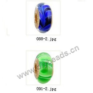 Bead,big-hole beads ,lampworked glass with brass grommets,mixed colors and designs,6x12mm-8x14mm rondelle ,4mm spiral hole,sold per pkg of 10ps