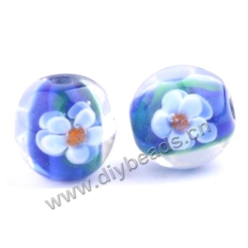 Bead, lampworked glass,blue with flower, 16x16mm round.mini order 50pc 