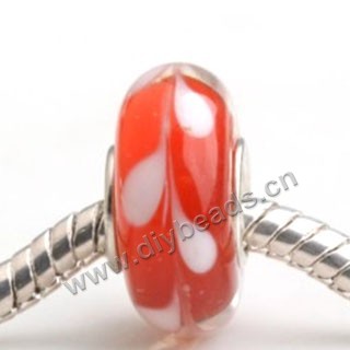 Bead, big-hole beads,Lampworked glass and 925 sterling silver grommet,red with flower, 14x7mm rondelle with 4.5 mm hole,sold per pkg of 50ps