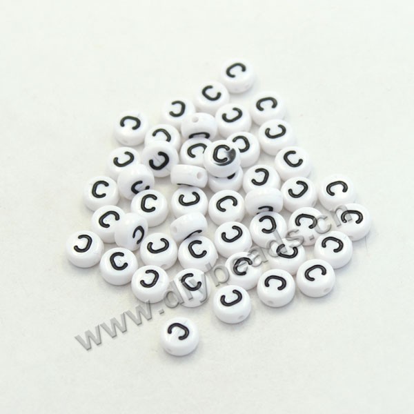 Bead mix, acrylic, white with black alphabet C, 7x4mm double-sided flat round with 1.2mm drill hole. Sold per pkg of 100ps