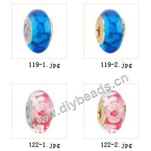 Bead,big-hole beads ,lampworked glass with silver-finished brass grommets,mixed colors and designs,6x12mm-8x14mm rondelle ,4mm spiral hole,sold per pkg of 10ps